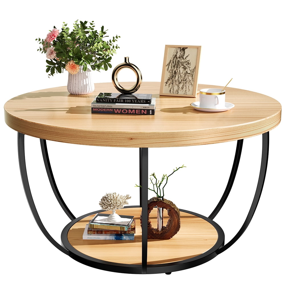 YINGYING 31.5" Round Coffee Table, 2-Tier Accent Center Table, Small Wood Coffee Table with Storage, Modern Cocktail Table for Living Room