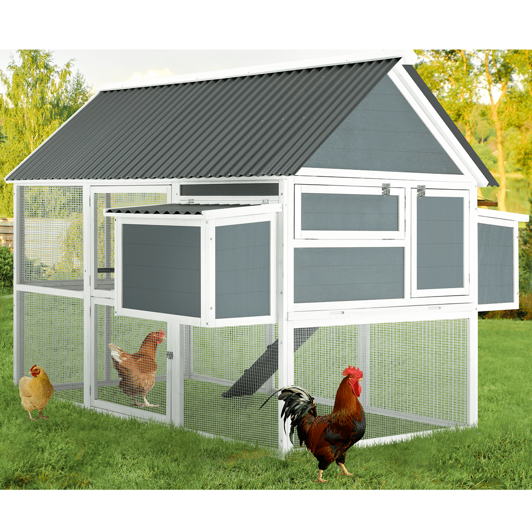 YODOLLA 84” Outdoor Large Chicken Coop, Wooden Hen House Poultry Cage for 10 Chickens Walk in Chicken House with Run, Grey
