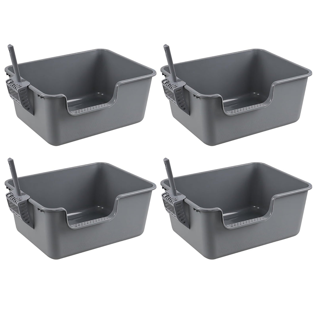 Yesdate 4-Pack Plastic Open Top Kitty Litter Box, Cat Litter Box with High Sides, Including 4 Scoops, Grey