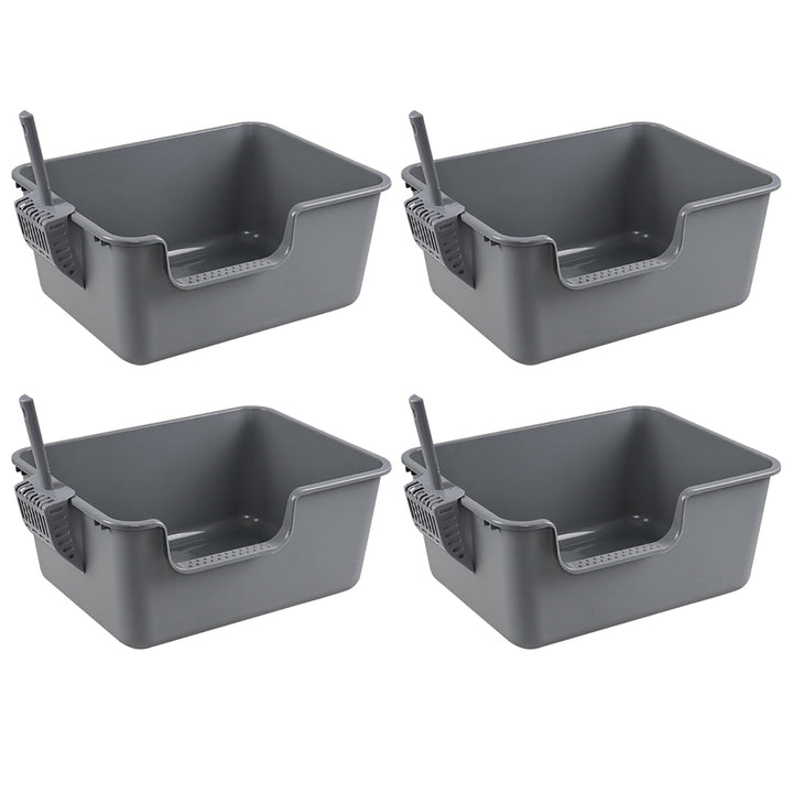 Yesdate 4-Pack Plastic Open Top Kitty Litter Box, Cat Litter Box with High Sides, Including 4 Scoops, Grey