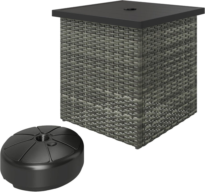 ZOPan All Weather Wicker Side Table with 1.5" Umbrella Hole, Square PE Rattan Outdoor End Table with Umbrella Base, UV-Resistant Frame, Storage Space for Patio, Garden, Poolside, Deck, Mixed-Gray