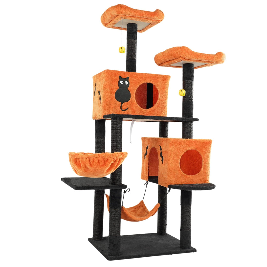 ZephyPaws 61 in Gothic Cat Tree,Large Cat Tower for Indoor Cats,Plush Multi-Level Cat Condo with 5 Scratching Posts,3 Perches,2 Caves,2 Hammock,2 Pom Poms,Black Red