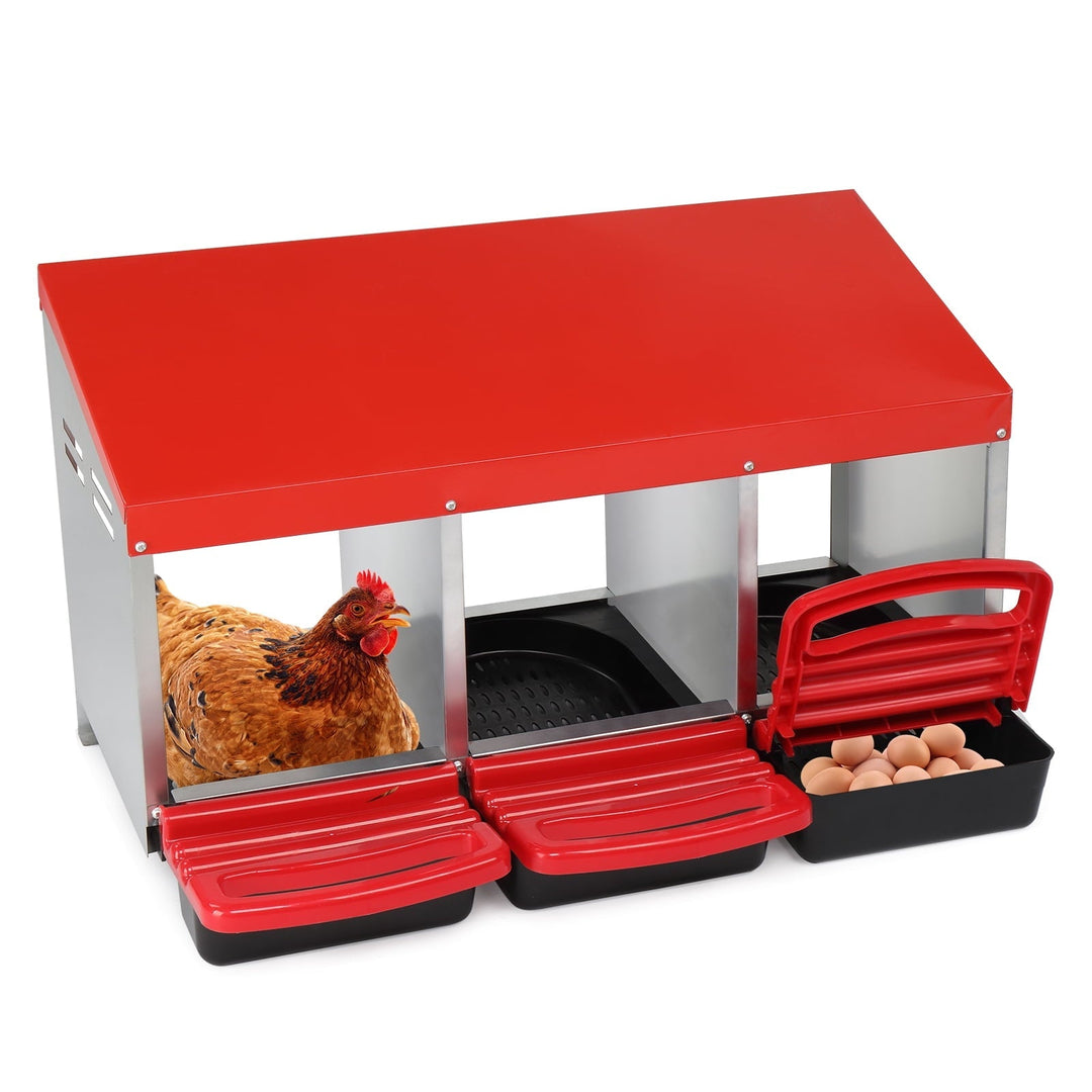 ZephyPaws Metal Chicken Nesting Box with Plastic Basket, 3 Compartments Chickens Egg Laying Nest Boxes with Roll Out Egg Collection for Hens Chicken Coop, Red