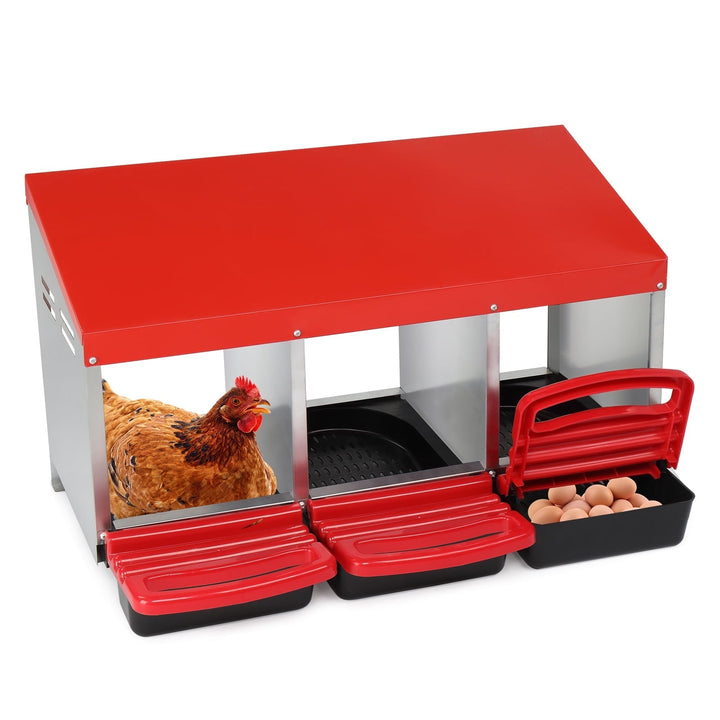 ZephyPaws Metal Chicken Nesting Box with Plastic Basket, 3 Compartments Chickens Egg Laying Nest Boxes with Roll Out Egg Collection for Hens Chicken Coop, Red