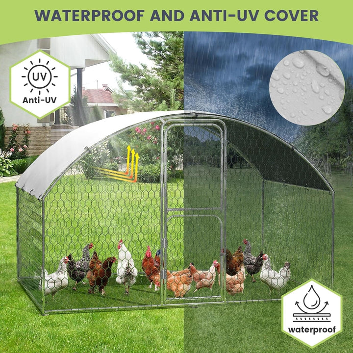 Pinypikaka Metal Chicken Coop, 9.8' x 6.5' x 6.5' Large Chicken Coop with Double Door & Waterproof Cover, Walk-in Poultry Cage with Run, Doom Roof Duck Rabbit House for Outdoor Backyard Farm