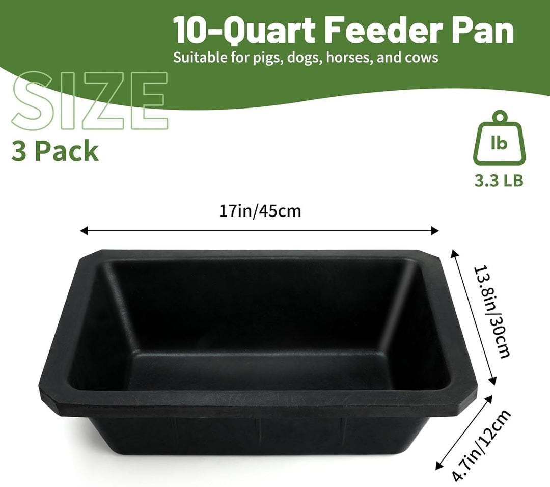 3Pcs Large Rubber Feeder Pan, 10 Quart/2.5 Gallon Horse Feed Bucket Water Bowl, Heavy Duty Water Troughs for Livestock Chicken Dust Bath Tub for Pig Goats Horses Farm Animal Feeding