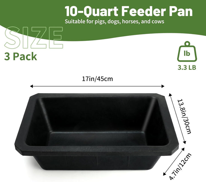 3Pcs Large Rubber Feeder Pan, 10 Quart/2.5 Gallon Horse Feed Bucket Water Bowl, Heavy Duty Water Troughs for Livestock Chicken Dust Bath Tub for Pig Goats Horses Farm Animal Feeding