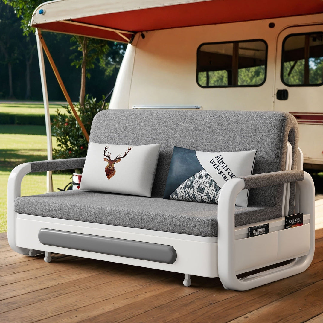 NessCarsti Outdoor Sofa Daybed with Pull-Out Trundle, Convertible Sleeper Couch for Patio or Balcony, 34.6" D x 62.2" W x 34.2" H, Gray/White