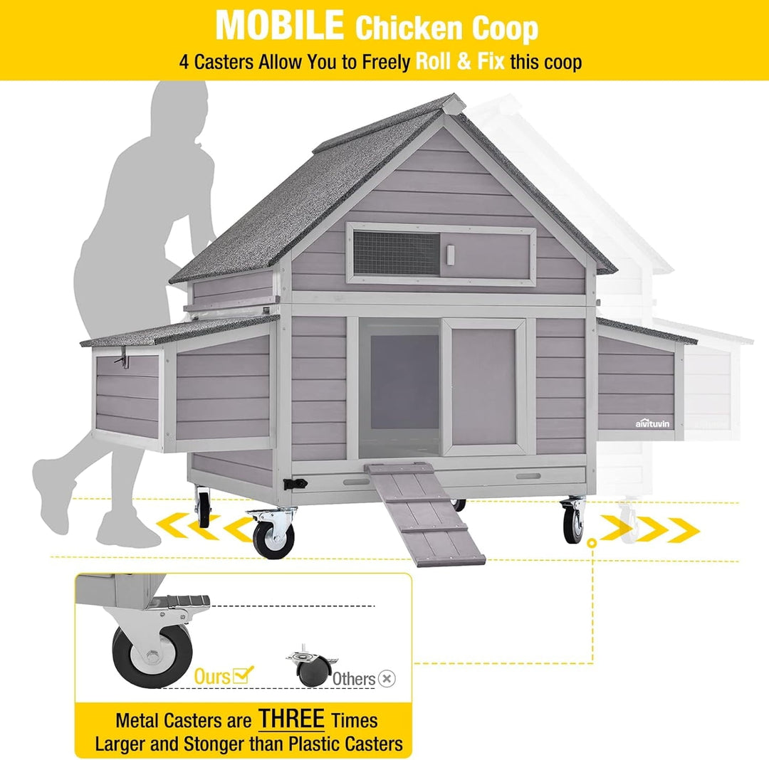 BUTINGLALE Chicken Coop on Wheels Movable Hen House with Two Nesting Boxes, Large Poultry Cage Outdoor Duck Cage