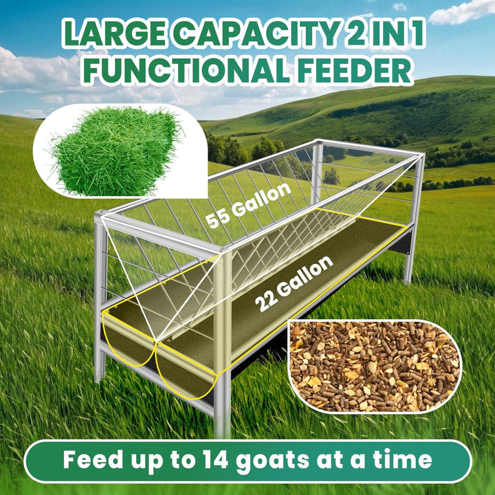 2-in-1 Livestock Feeder for Goats ,77 Gallon Goat Hay Feeder , Stainless Steel with Rubber Grooves Goat Feeder for Sheep, Horses - Rust-Resistant & Large Capacity