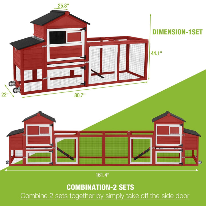 BUTINGLALE Chicken Coop Mobile Hen House On Wheels Easy to Move Wooden Poultry Cage with Nesting Box,Opening Wire Netting Roof,Red