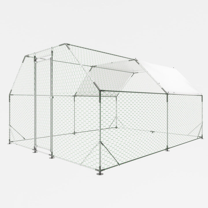 10ft x 13ft Galvanized Walk-In Chicken Coop, Large Metal Poultry Run with UV-Resistant Tarp, Lockable Doors