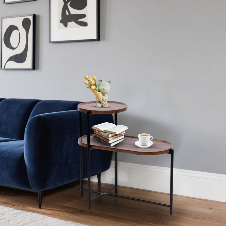 SHIBAILI Small Space 2-Tier Round Sofa Table - Brown Wood Top,Metal Frame