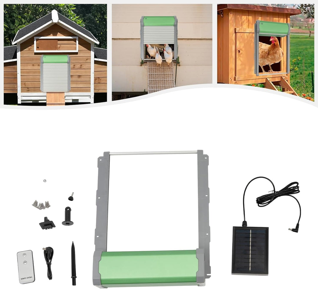Automatic Chicken Coop Door Solar Powered, Auto Chicken Door Opener with Timer & Light Sensor, Aluminum Alloy Chicken Door with Remote Control & 4 Modes, Intelligent Obstacle Sensors, IP67