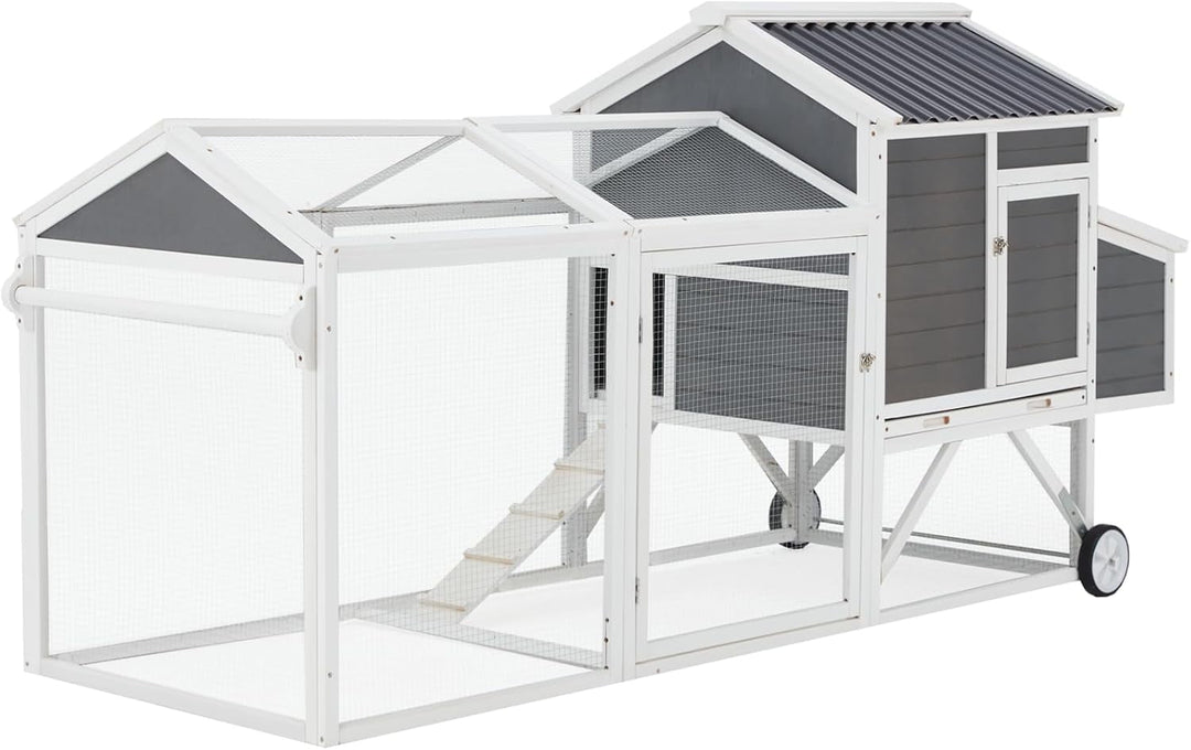 YODOLLA 95“ Chicken Coop with Wheels, Large Wooden Chicken Coop with Run & 2 Nesting Boxes Hen House Poultry Cage Chicken Hutch, Grey&White