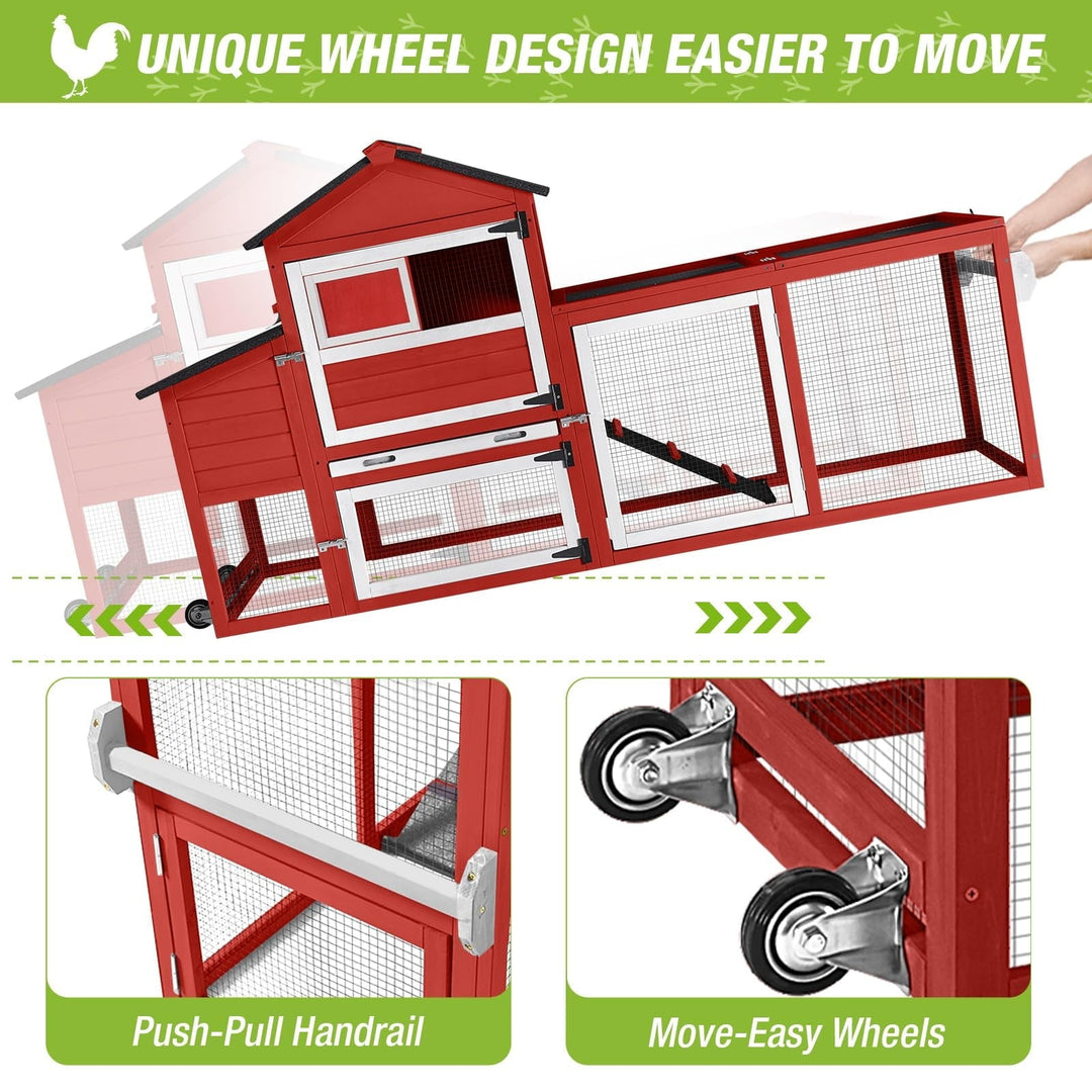 BUTINGLALE Chicken Coop Mobile Hen House On Wheels Easy to Move Wooden Poultry Cage with Nesting Box,Opening Wire Netting Roof,Red