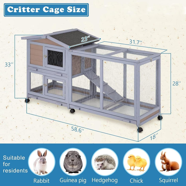 Rabbit Cage, Critter Cage, Two Tier 58" Wheeled Wooden Bunny Cage, Rabbit Hutch Outdoor with Waterproof Roof & 3 Sliding Bottom Trays for Easy Cleaning, Multi-Door Design, Grey