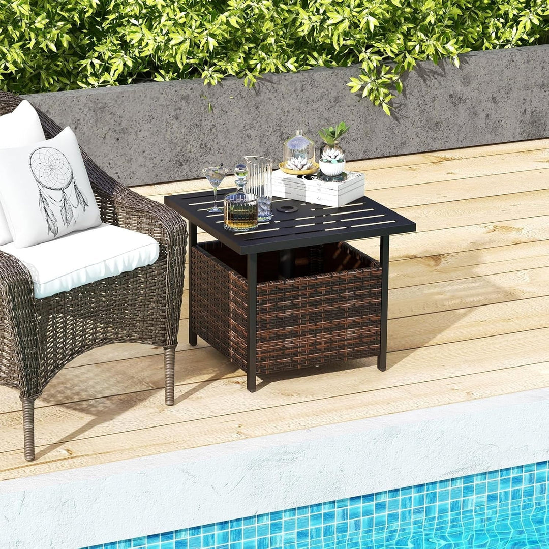 GaoJ Outdoor Side Table with Umbrella Hole, 22" Wicker Umbrella Stand Holder and Base, Weather-Resistant PE Rattan Patio End Table for Deck Garden Poolside (Metal Tabletop, Brown)