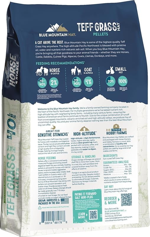 High Altitude Horse Hay Pellets | Ultra Premium Alfalfa, Timothy, Orchard, Teff Hay | Nutrient Dense | Cattle, Sheep, Alpaca, Rabbits (40 LB, Teff Grass)