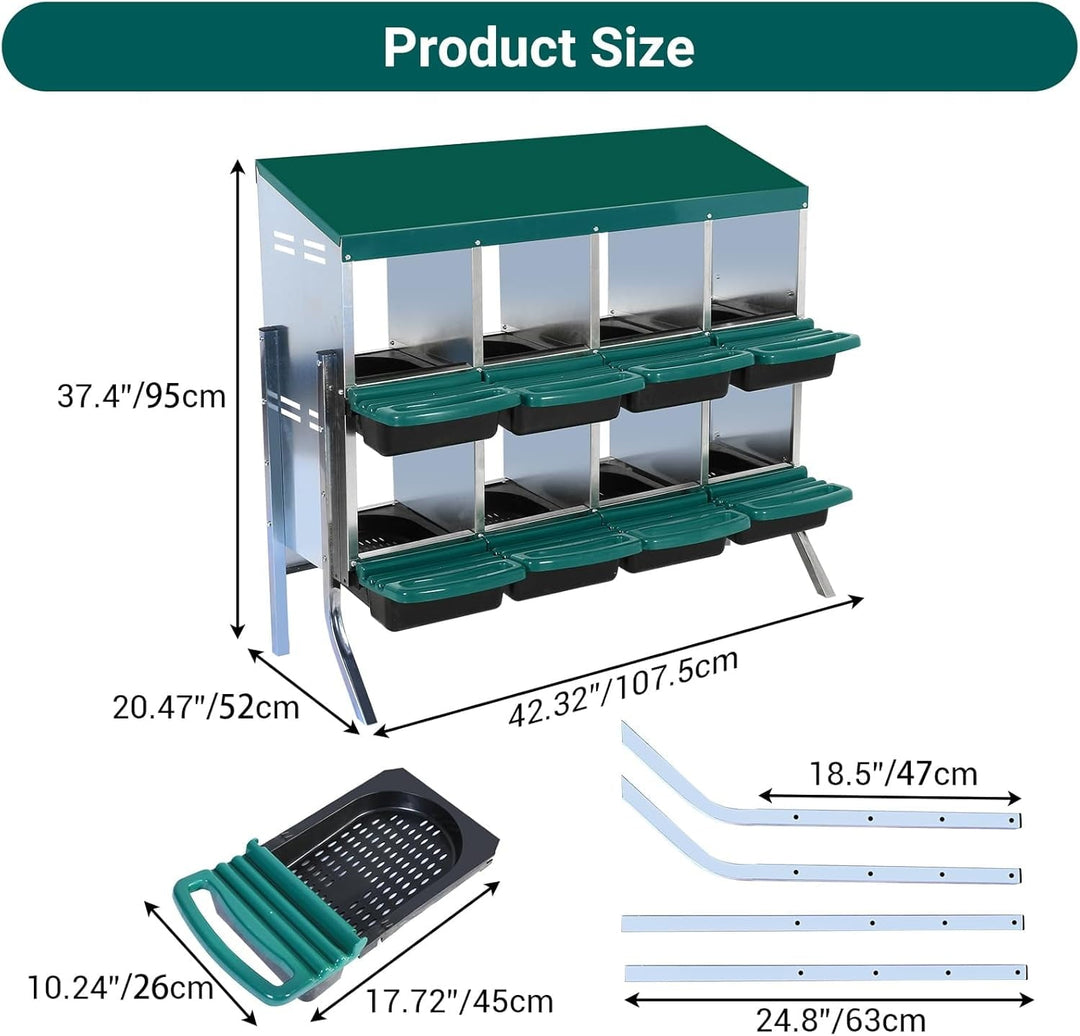 Pinypikaka Chicken Nesting Box with Bracket Legs, 8 Compartments Nesting Boxes for Chickens, Chicken Laying Boxes, Roll Away Nesting Box for Chickens Laying Egg with Lid Cover