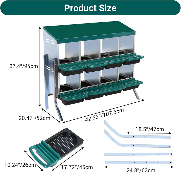 Pinypikaka Chicken Nesting Box with Bracket Legs, 8 Compartments Nesting Boxes for Chickens, Chicken Laying Boxes, Roll Away Nesting Box for Chickens Laying Egg with Lid Cover