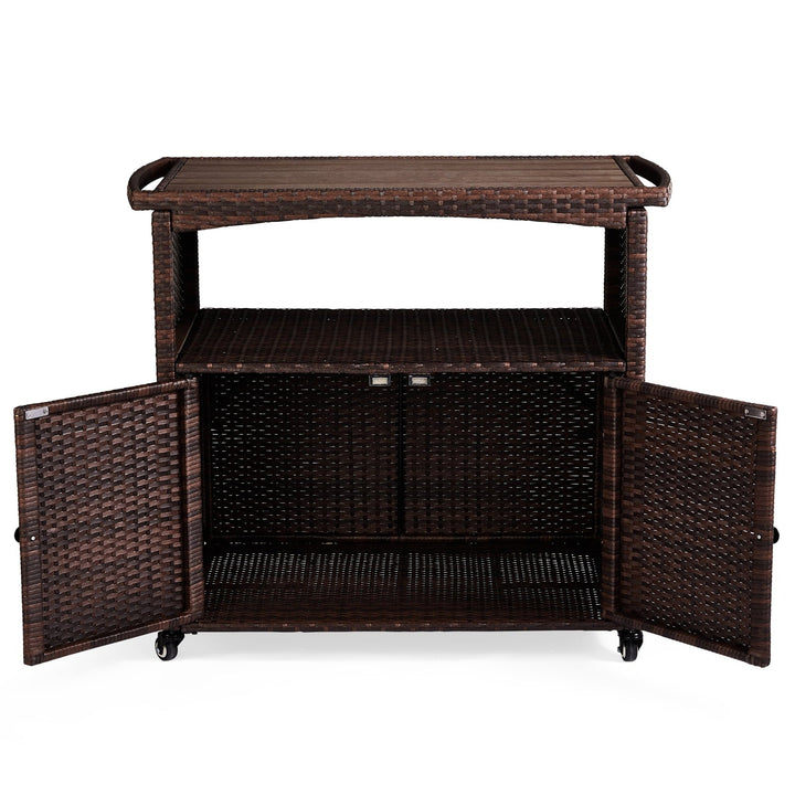 HiiKaa Outdoor Bar Cart with Storage Cabinet,Patio Wicker Sideboard Buffet Cabinet Prep Table,Kitchen Serving Cart with Rolling Wheels,Handle,Rattan Portable Bar Table with Shelves Doors Brown