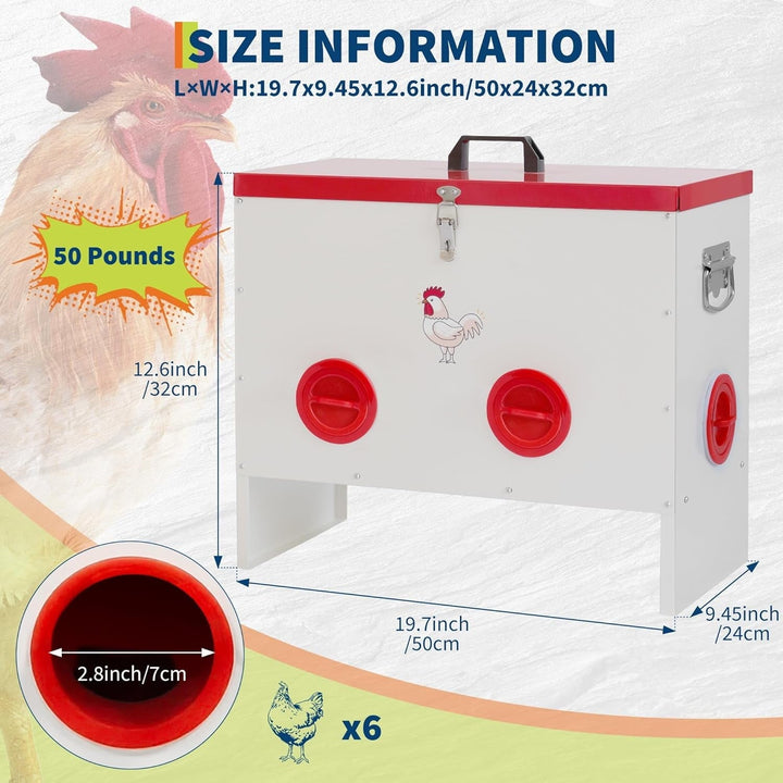 6 Ports Automatic Chicken Feeder No Waste, 50 Pounds Duck Poultry Feeder Box Metal Feeders for Chickens with Locking Rainproof Lid Chicken Coop Feed for Chickens, Ducks
