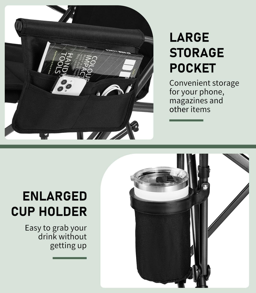 Raynesys Rocking Camping Chair Supports 440 LBS,Outdoor Rocking Chair with Cup Holder & Side Pocket for Patio Lawn,Black