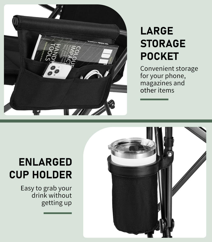 Raynesys Rocking Camping Chair Supports 440 LBS,Outdoor Rocking Chair with Cup Holder & Side Pocket for Patio Lawn,Black