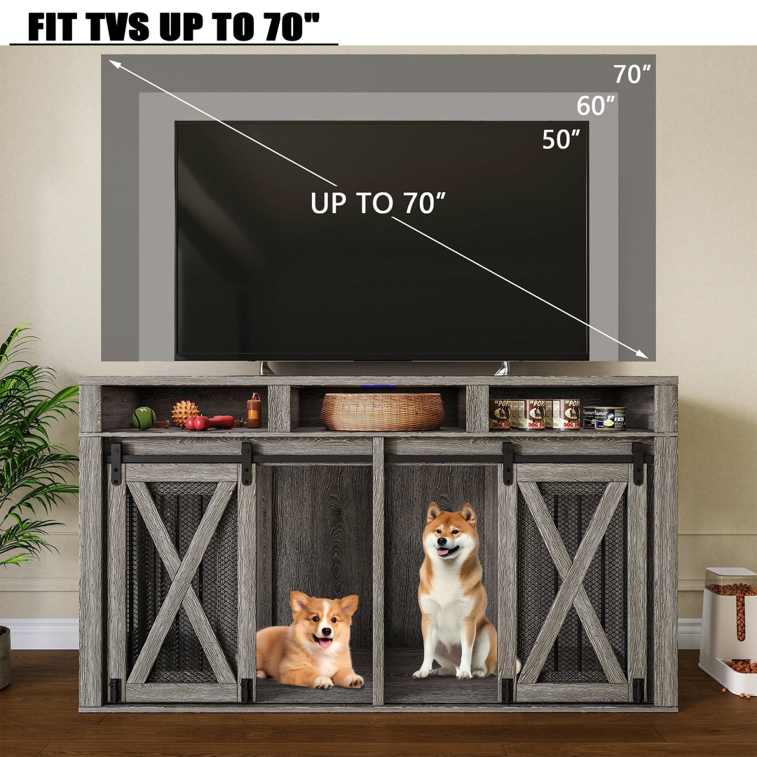 63" Double Dog Crate furniture for 2 Large Dogs, Farmhouse Style Dog Cage TV Stand with Sliding Door, Dog Kennel Indoor with Removable Divider, Grey