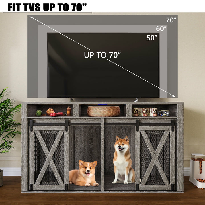 63" Double Dog Crate furniture for 2 Large Dogs, Farmhouse Style Dog Cage TV Stand with Sliding Door, Dog Kennel Indoor with Removable Divider, Grey
