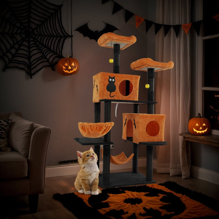 ZephyPaws 61 in Gothic Cat Tree,Large Cat Tower for Indoor Cats,Plush Multi-Level Cat Condo with 5 Scratching Posts,3 Perches,2 Caves,2 Hammock,2 Pom Poms,Black Red