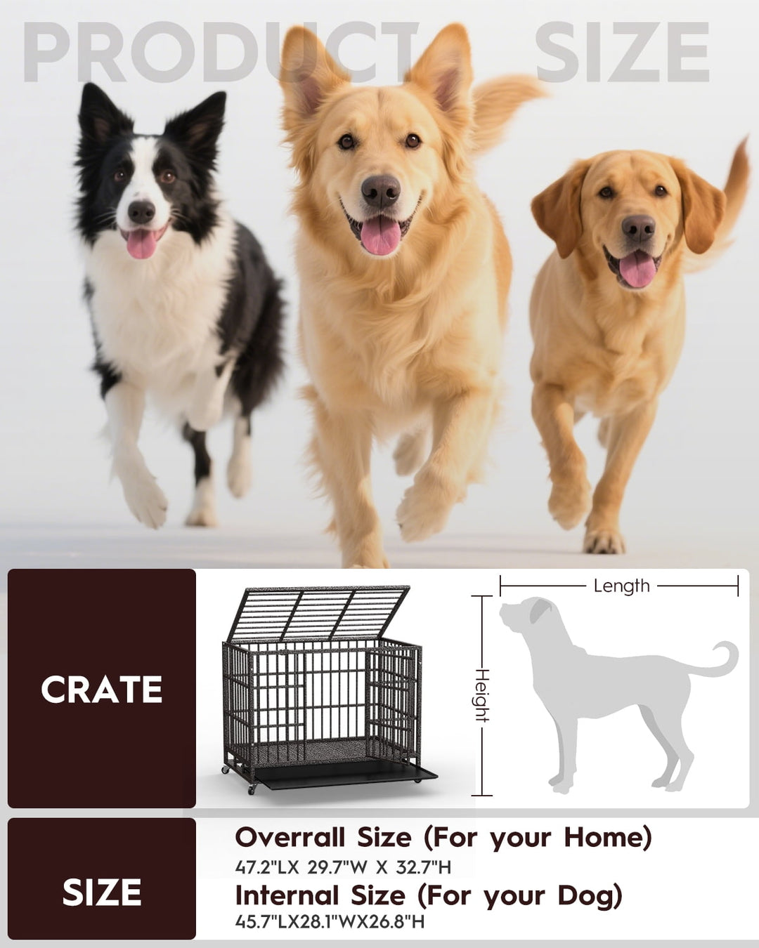 Petorldog 48" Heavy Duty Dog Crates for Large Dogs, Indestructible Escape Proof Kennel, Upgraded Reinforced Baseplate, Lockable Wheels, Spacious Capacity