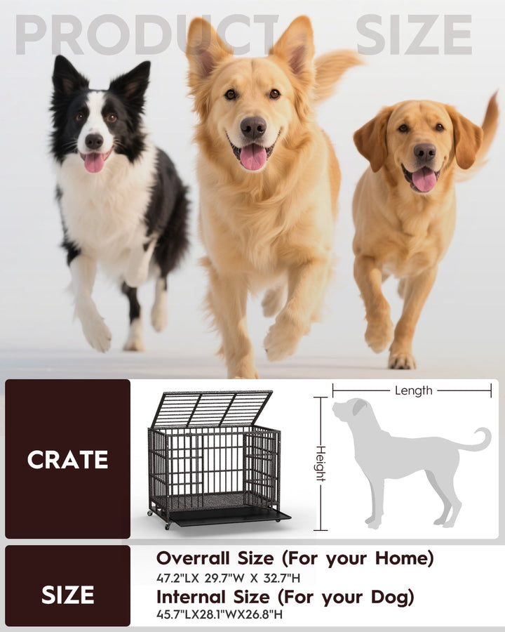 Petorldog 48" Heavy Duty Dog Crates for Large Dogs, Indestructible Escape Proof Kennel, Upgraded Reinforced Baseplate, Lockable Wheels, Spacious Capacity