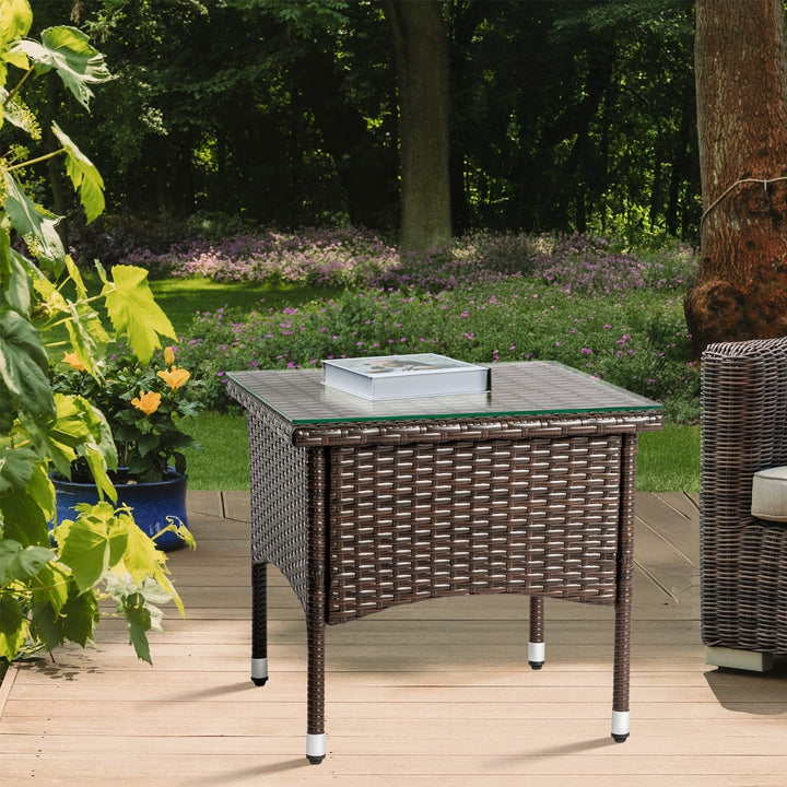 Funnil Patio Wicker Rattan Side Table with Square Tempered Glass Top, All-weather Use Rattan Coffee End Table for Deck, Porch, Garden, Indoor&Outdoor, Brown