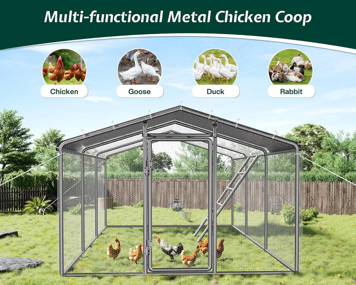 Jocisland 9×19FT Large Chicken Coop with Perch and Hinged Door, Spire Roof Walk-in Chicken Run with Metal Frame and PE Cover for Backyard Poultry, Ducks, Rabbits