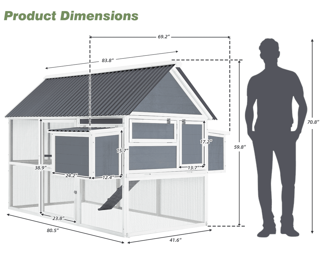 YODOLLA 84” Outdoor Large Chicken Coop, Wooden Hen House Poultry Cage for 10 Chickens Walk in Chicken House with Run, Grey