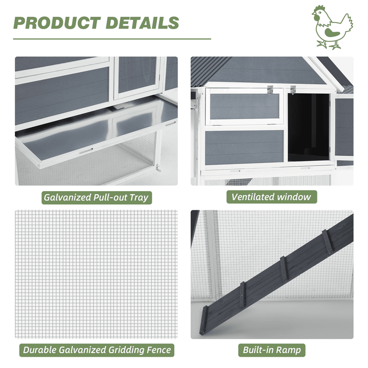 YODOLLA 84” Outdoor Large Chicken Coop, Wooden Hen House Poultry Cage for 10 Chickens Walk in Chicken House with Run, Grey