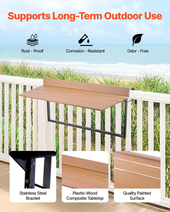 VEVOR Balcony Hanging Table, 15 x 39 in Folding Balcony Railing Table, Outdoor Balcony Bar Table for Railings, 5-Level Adjustable, Fit Railing from 1" to 5.3", Serving Table for Patio & Deck