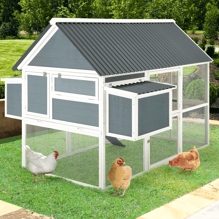 YODOLLA 84” Outdoor Large Chicken Coop, Wooden Hen House Poultry Cage for 10 Chickens Walk in Chicken House with Run, Grey
