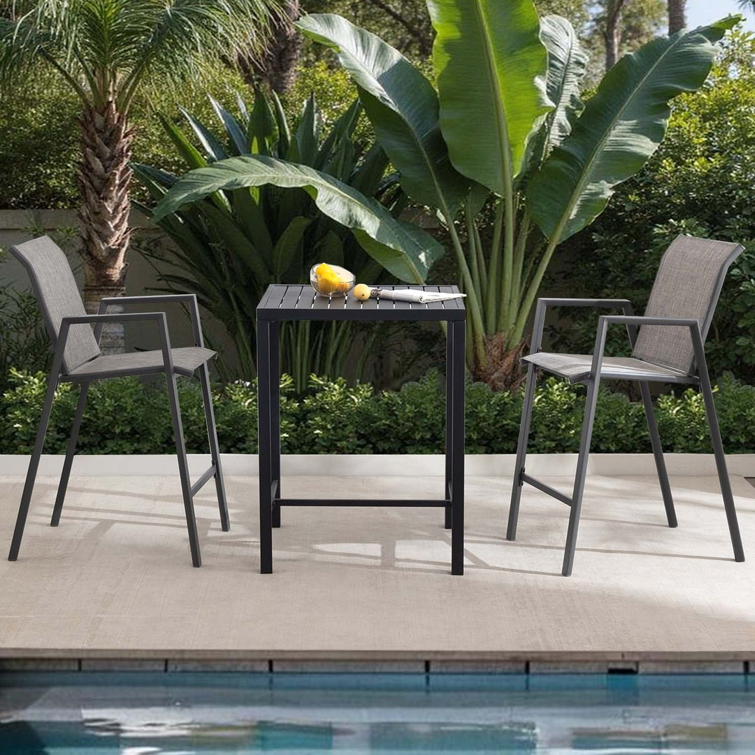 Outdoor Bar Stools Set of 2, High Back Metal Barstools with Armrest, All-Weather Patio Stools for Balcony or Deck, Gray