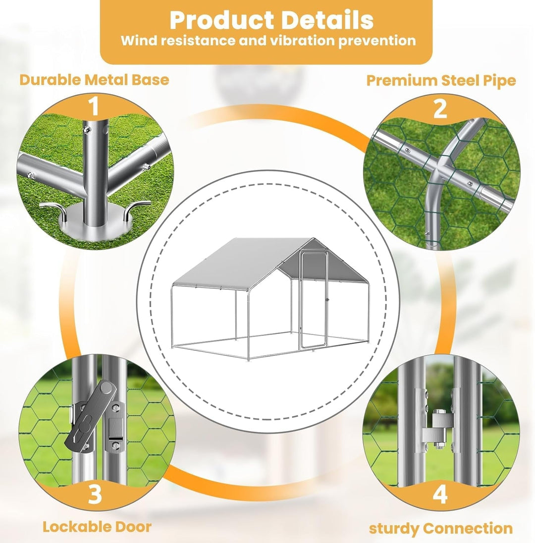 Large Metal Chicken Coop with Walk-in Run, Galvanized Wire Enclosure, and Waterproof UV Protection (10' L x 26' W x 6.56' H)