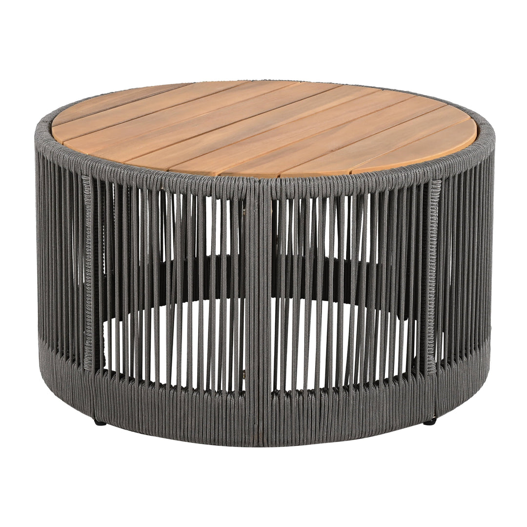 26" Round Acacia Wood Coffee Table with Grey Rope Accents, Rustic Outdoor Patio Table for Garden & Balcony