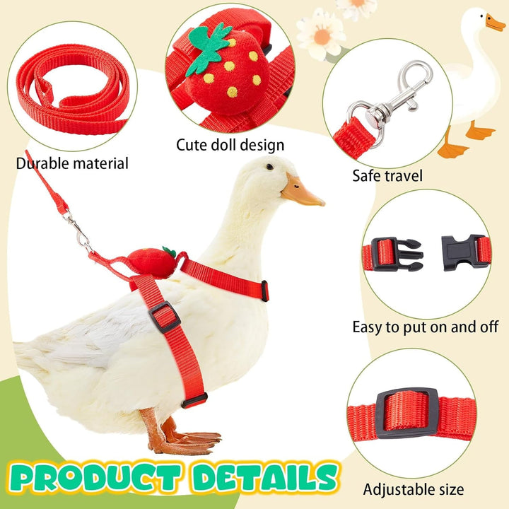 Cole Duck Harness Leash Set Duck Harness and Leash for Real Ducks Adjustable Walking Rope Pet Cute Strawberry Pattern Outdoor Traction Rope for Chicken Rabbit Small Animals