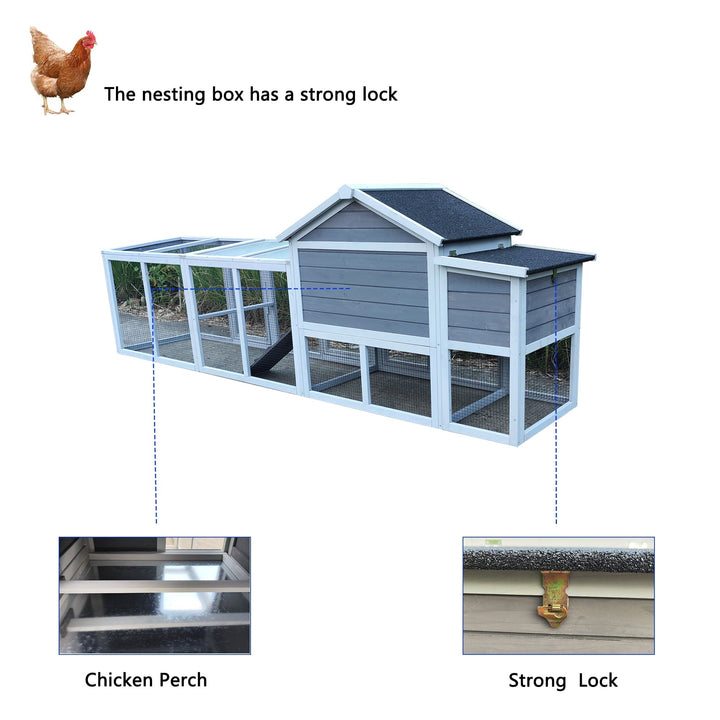 Zephypaws 112" Large Wooden Chicken Coop with Nesting Box, Outdoor Chicken Run Cage, Waterproof Hen House for Backyard, Gray