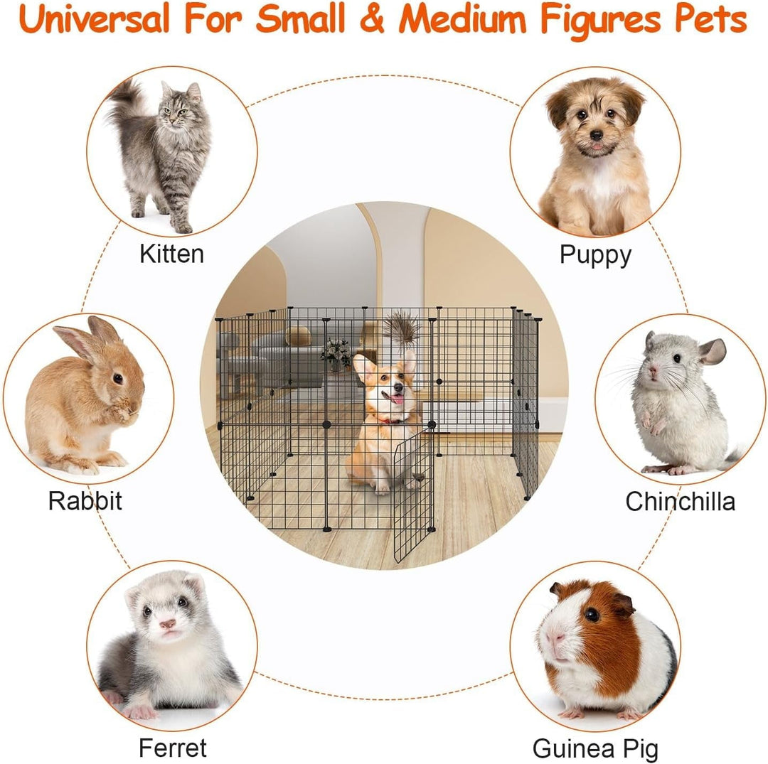Small Animal Pet Playpen with Door, DIY Wire Portable Yard Fence for Rabbit, Guinea Pig Cages, Puppy, Kitten Playpen for Indoor & Outdoor Portable Metal Wire Yard Fence, 12 Pcs Black Pet Panels