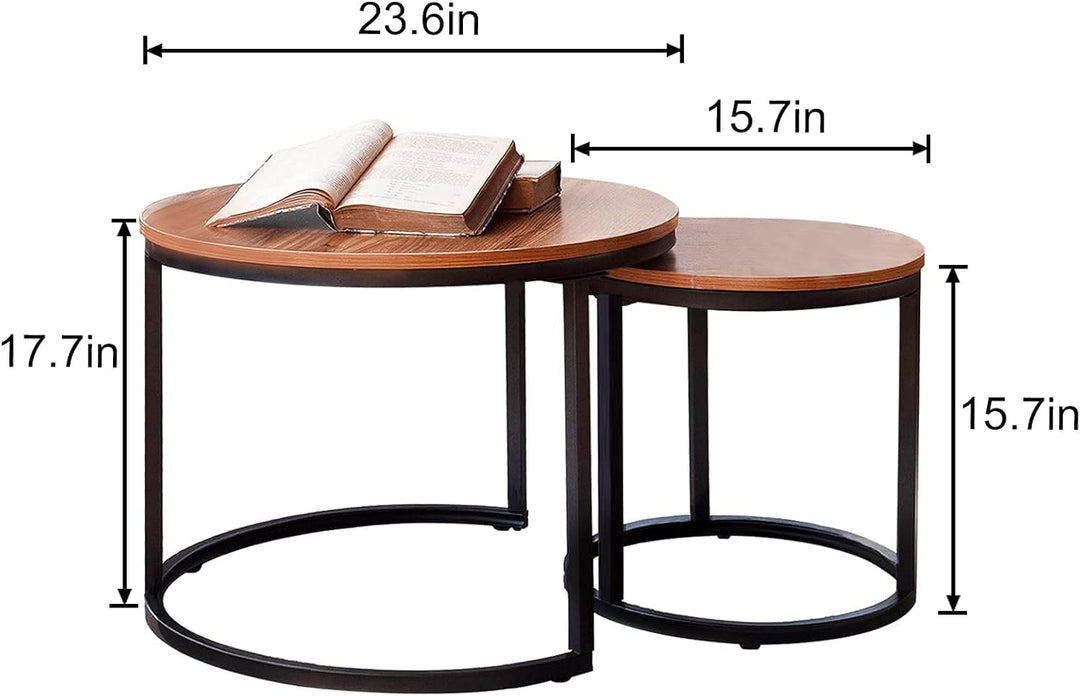 Modern Industrial Round Nesting Coffee Table Set of 2 – Sturdy Metal Frame Side & End Tables for Living Room, Bedroom, Apartment – Simple Nightstand or Centerpiece