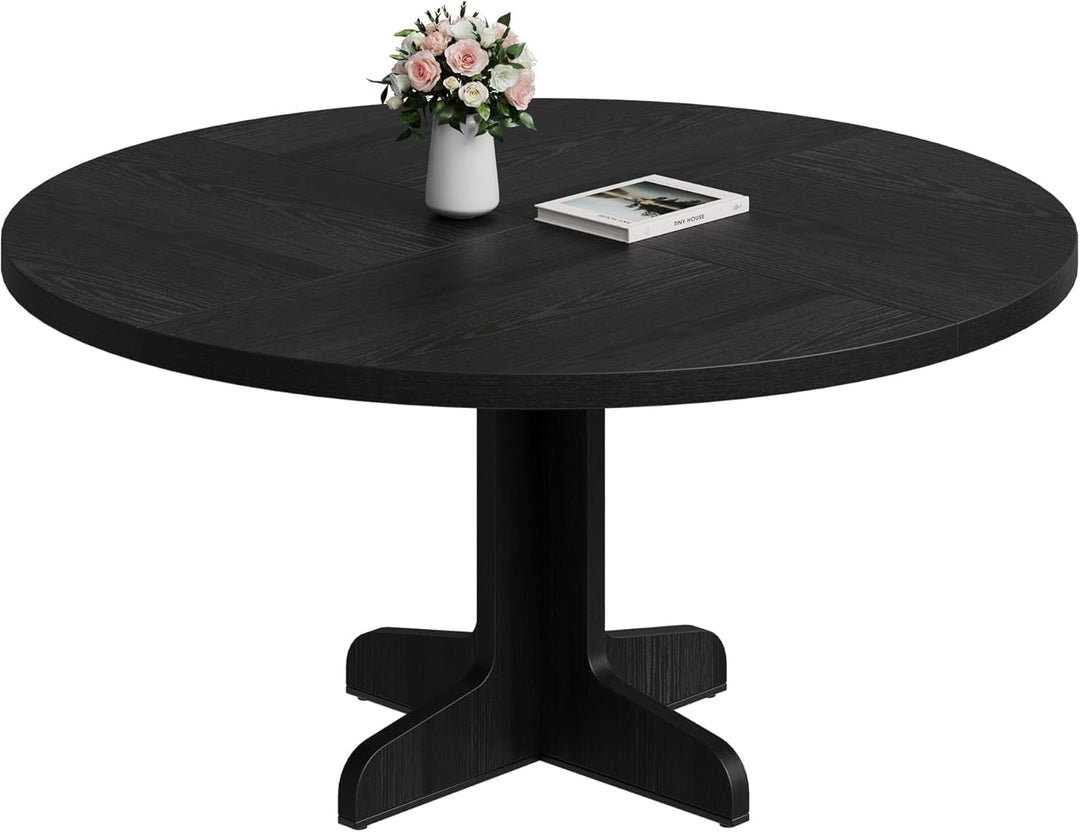 Round Dining Table for 4, 47 in Rustic Kitchen Table with Wooden Base, Sturdy Metal Frame, Multifunctional Design, Easy Assembly for Dining Room, Living Room, Farmhouse Decor