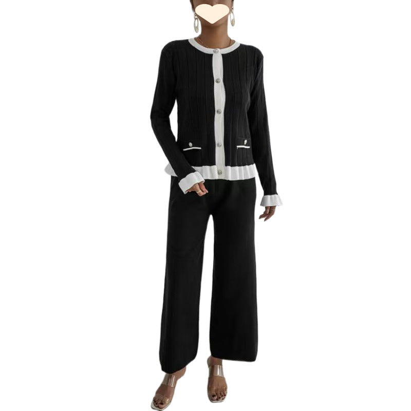 Flared Long Sleeve Knitted Cardigan Suit
