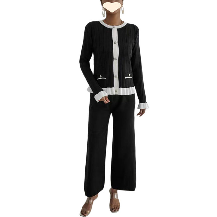 Flared Long Sleeve Knitted Cardigan Suit